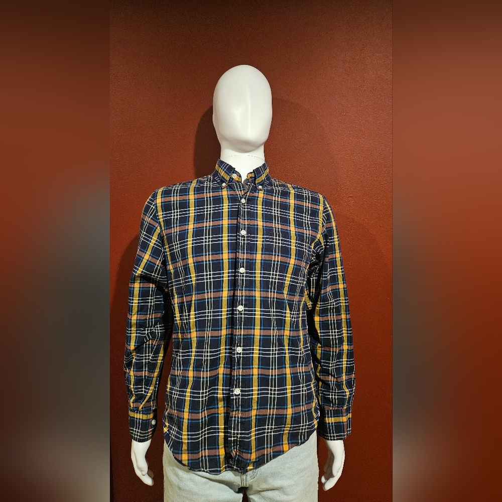 Men's J. Crew Casual Button Down Plaid Shirt - Navy and Yellow - Size Medium